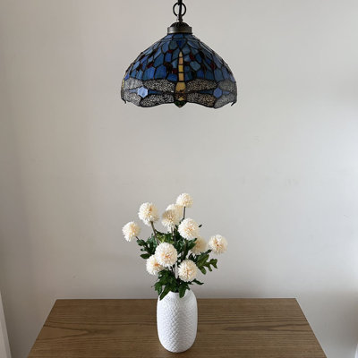 Kleist Tiffany Pendant Lighting Fixture Blue Stained Glass Dragonfly Hanging Lamp LED Bulb 12"W*12"D*60"H