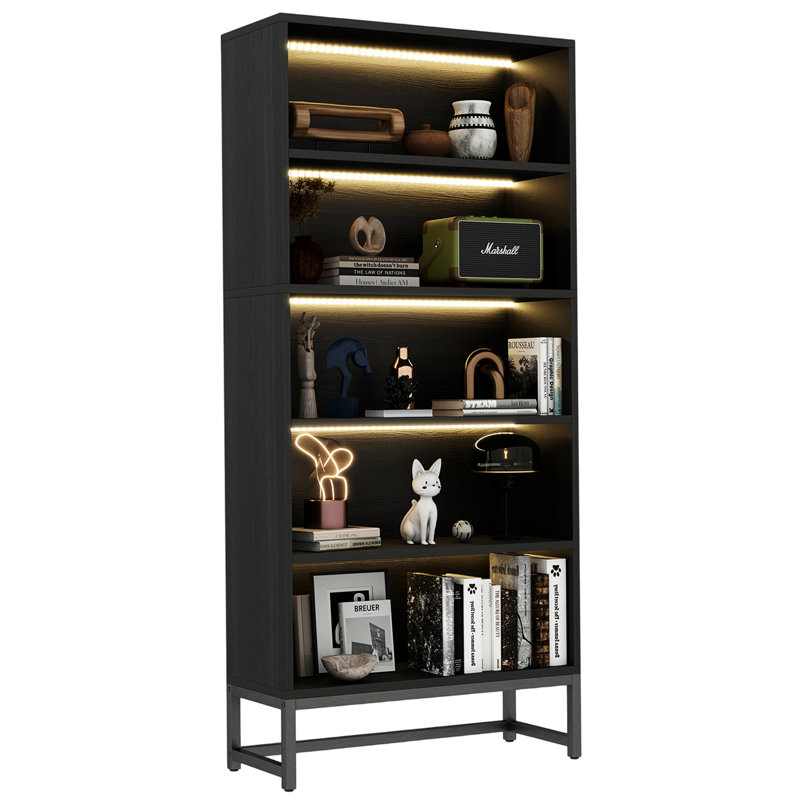 Bookcase With Adjustable Led Lights, 5 Tier Wood Bookshelf With Metal Support, Black