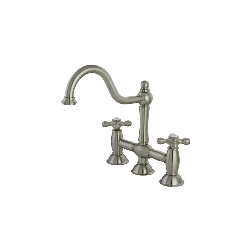 Chicago Double Handle Widespread Kitchen Faucet with American Metal Cross Handle, Satin Nickel
