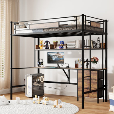 Brown Twin Size Loft Bed With L - Shaped Study Area, Charging Port, 3 Drawers, Shelf, Guardrail, Metal Structure & Under Storage Desk, Location, Shelving System, Frame, Ample Space