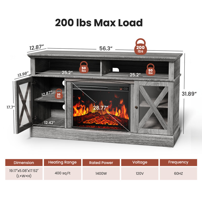 Jinora Farmhouse TV Stand For TVs Up To 70" With Electric Fireplace Included
