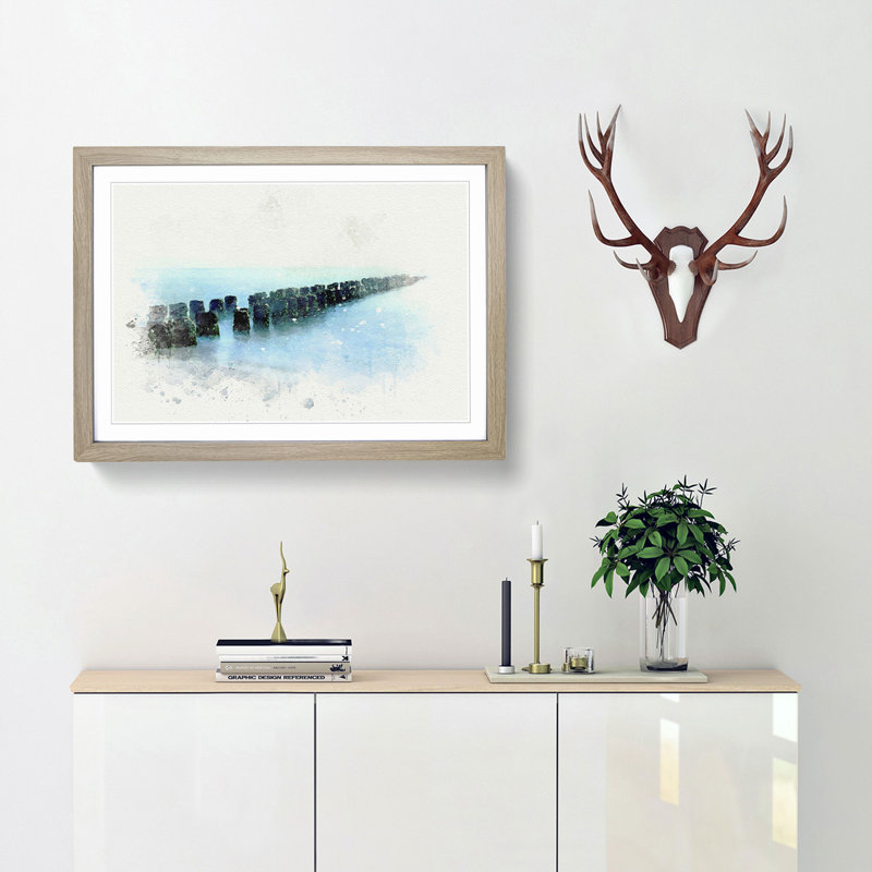 Breakwater Within an Endless Sea in Abstract - Picture Frame Graphic Art Print, 27cm H x 36cm W x 2cm D, Oak Framed