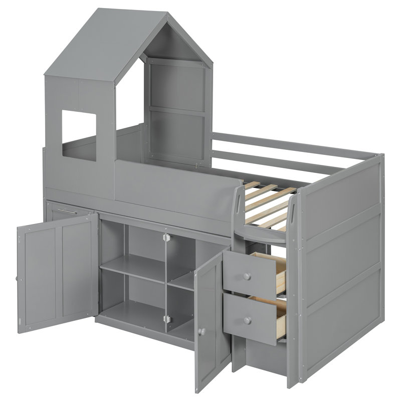 Lit mezzanine simple en bois avec bureau, tiroirs et armoires - solution d'économie d'espace pour les enfants, Gris