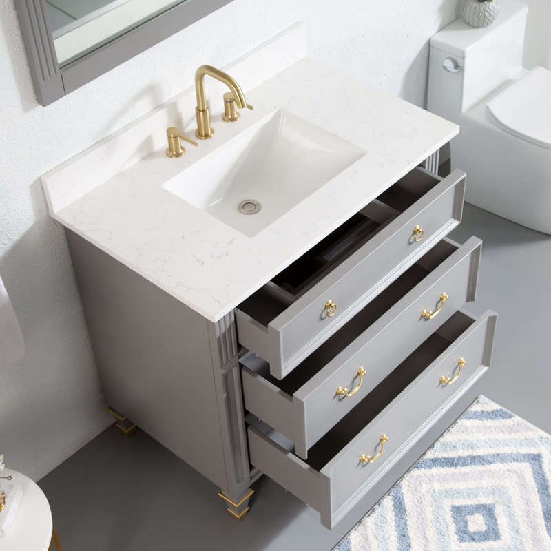 Meuble-lavabo simple H 35 po x l 36 po avec comptoir en quartz blanc résistant aux taches et lavabo simple, Gris titane
