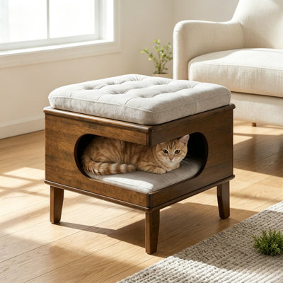 Repose-pieds multi-usages en bois d'hévéa pour chat, repose-pieds capitonné 2-en-1 avec grotte pour chat confortable, meubles d'intérieur à coussin lavable pour animaux de compagnie