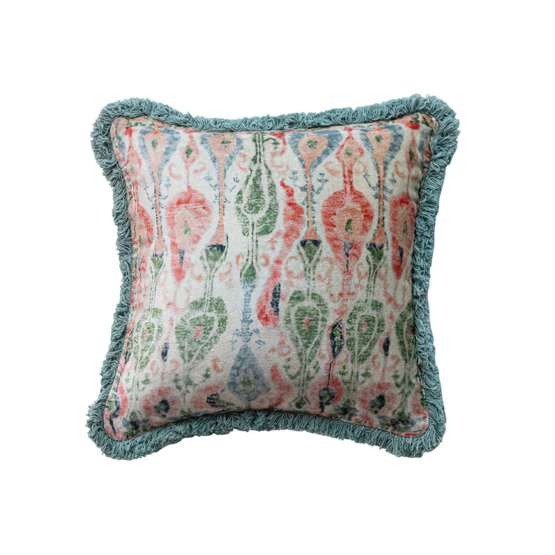 Cotton Velvet Printed Pillow With Pattern And Eyelash Fringe