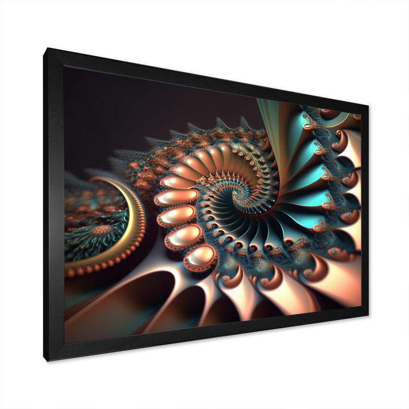 Fractal Wave en turquoise et or II - reproduction sur toile, H 12 po x l 20 po x P 1 po, Cadre photo noir