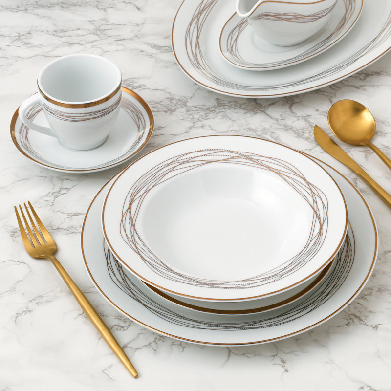 Waterside 35pc Gold Swil Porcelain Dinner Set