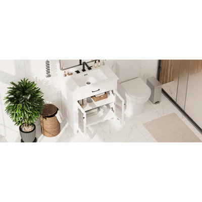Meuble-lavabo de 31 po avec faux tiroir, surface à griffes et fermeture en douceur pour une conception épurée de 31 po, quincaillerie noir mat, cadre en bois d'hévéa