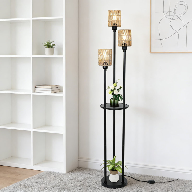 Lampe sur pied en rotin à 3 lumières à intensité variable avec tablettes, lampe sur pied Farmhouse avec interrupteur au pied à 3 voies, lampe sur pied rustique Boho pour le salon et la chambre à coucher