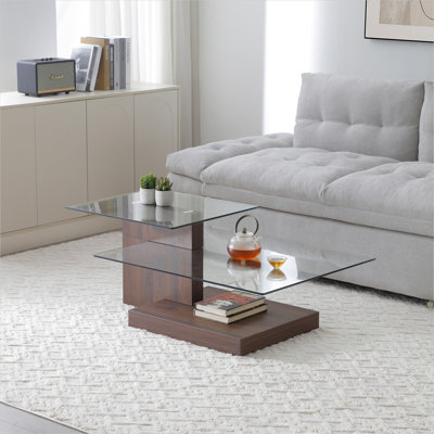Table basse rectangulaire à 3 niveaux avec plateau en verre trempé et 2 tablettes ouvertes au fini brun