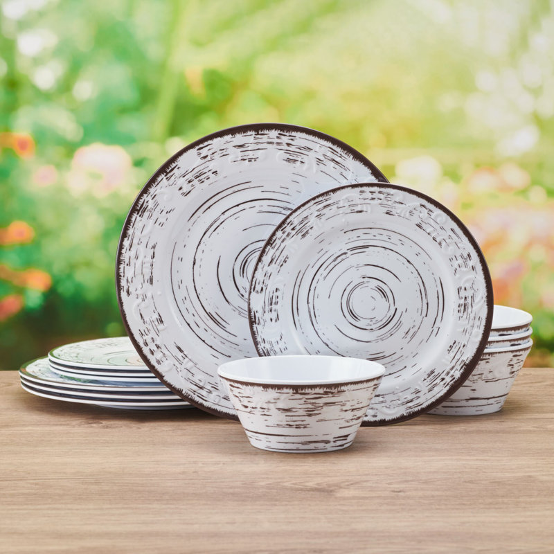 Rustic White Melamine Outdoor Dinnerware Set, Service for 4
