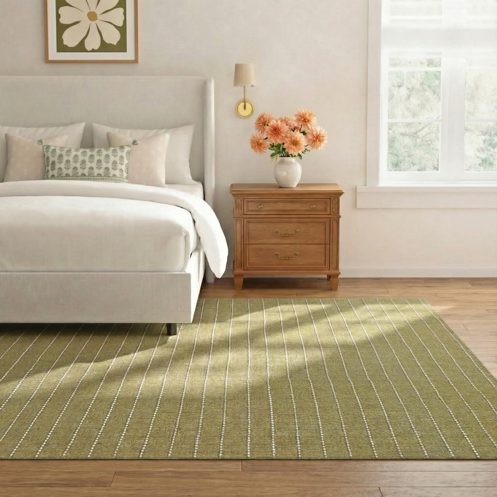 Amita Green Beige Hand-Loomed Striped Rug, Rectangle 9' x 12'