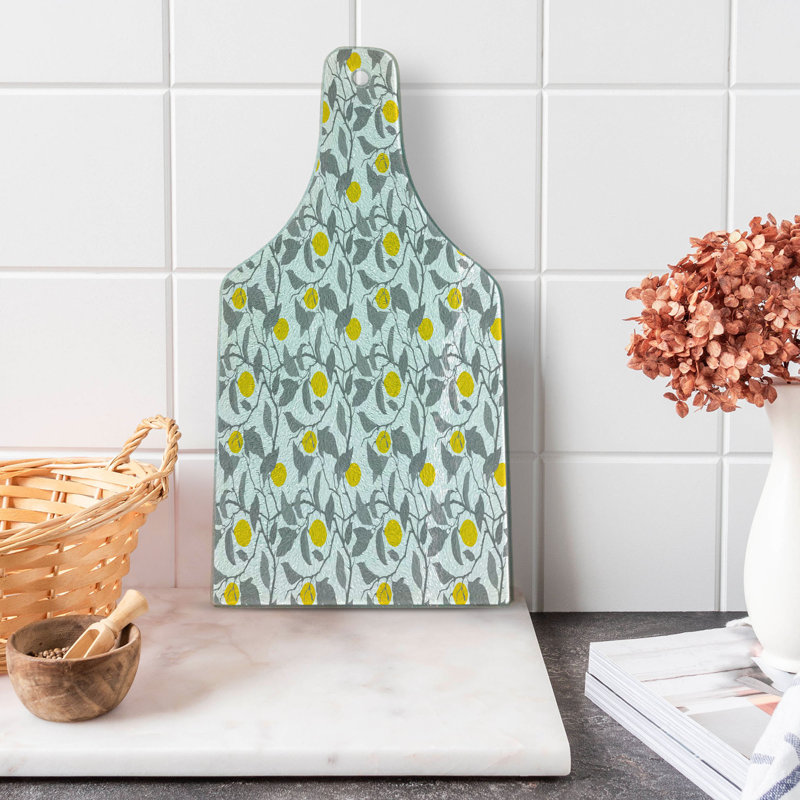 Ambesonne Lemon Tempered Glass Cutting Board Greyscale Spring Tree Branch Grey Yellow White