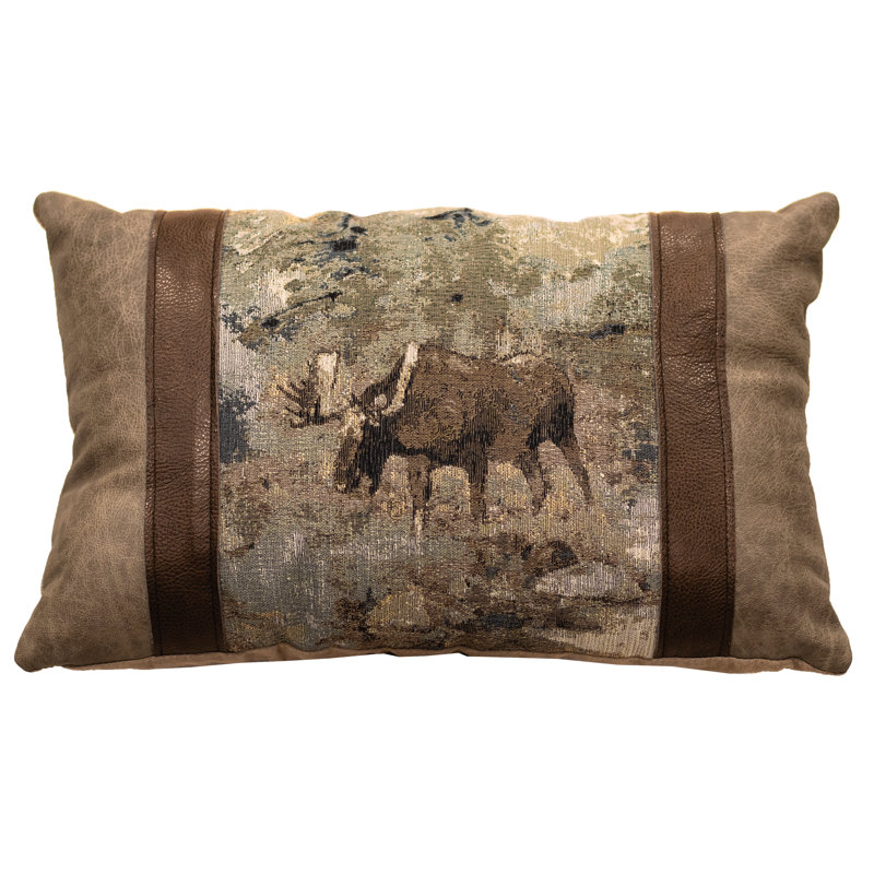Rustic Brown Leather and Fabric Moose Accent Pillow
