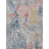 Rectangle Floor Art Abstract Hand-Knotted Bamboo Slat/Seagrass Area Rug in Silver/Blush