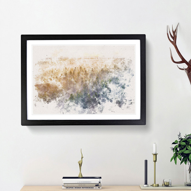Fog Over The Forest Watercolour - Single Picture Frame Print on MDF, Black Framed, 45cm H x 63cm W x 2cm D