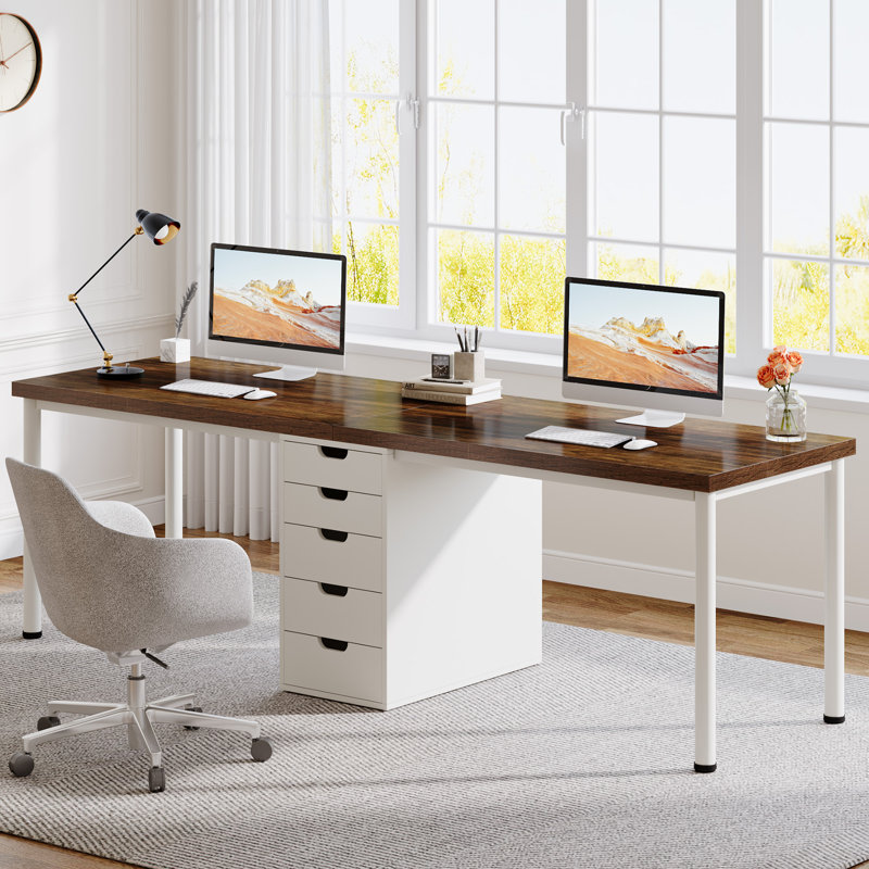 78.7 Inches Two Person Computer Desk With 5 Drawers, Brown/White