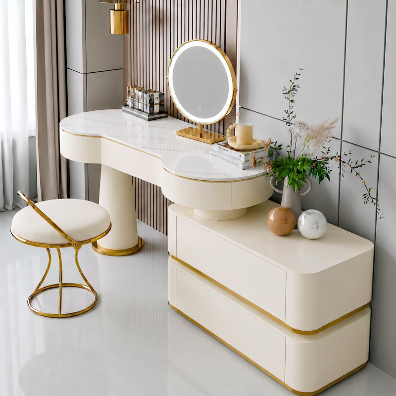 Large Vanity Desk with Mirror & Stool​,Modern Cream White Dressing Table for Bedroom, Makeup Desk with 5 Drawer Storage for Women/Girls