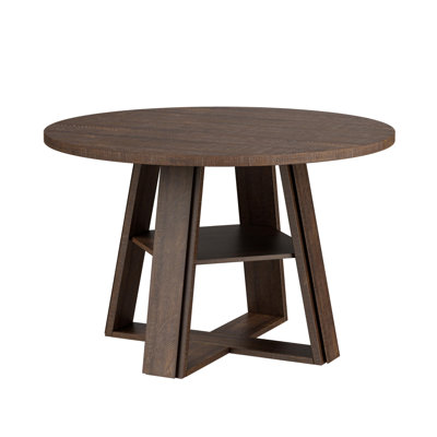 Modern Farmhouse 43'' Round Dining Table with Sturdy Wooden Pedestal, Extra Storage Shelf, Space-Saving for Kitchen & Dining Room, Seats 2-4 - Brown-red