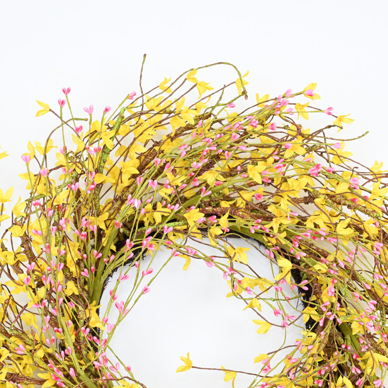 Couronne de fleurs artificielle 24 po avec fleurs de printemps, Jaune / Rose