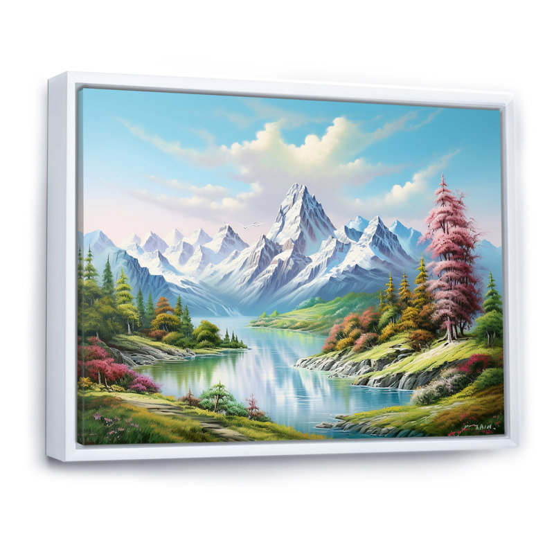 Paysage de rêve sur un lac de montagne sur toile, Cadre flottant blanc, 30" H x 40" W