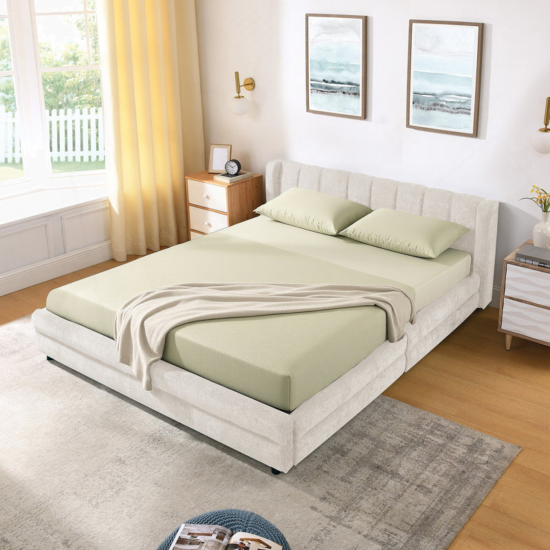 Structure de lit tapissier pour grand lit avec tissu en chenille épais, tête de lit confortable et tiroirs de rangement sous le lit pour les chambres à coucher modernes