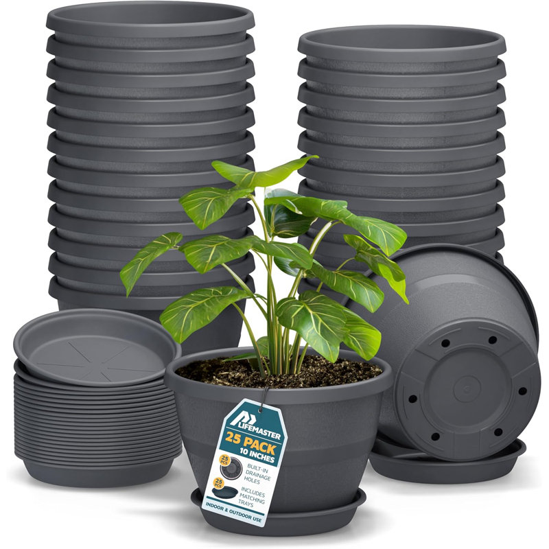 10-Inch Whiskey Barrel Planters Outdoor Pack of 25 - Durable Plastic Plant Pots for Indoor & Outdoor Use with Drainage & Saucer, Lightweight Rustic Barrel Planters for Flowers, Herbs & Small Plants