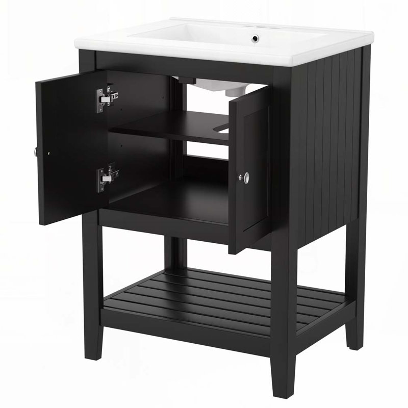 24" Vanity with Ceramic Sink with Solid Wood Frame Open Style Shelf, Black