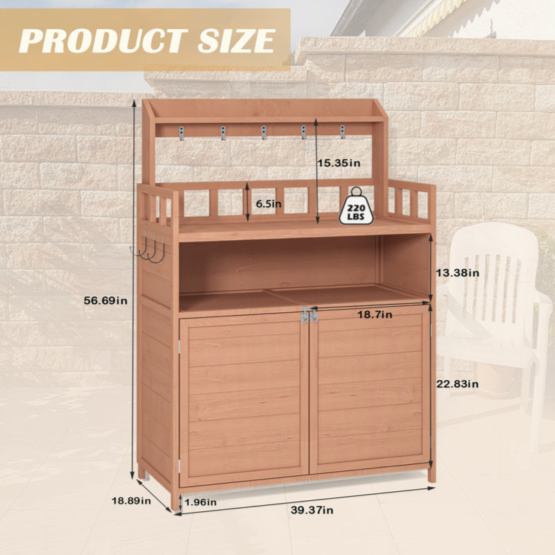 Poste de travail extérieur pour jardin en bois avec grande armoire de rangement et tablette supérieure, table de travail de jardinage pour patio