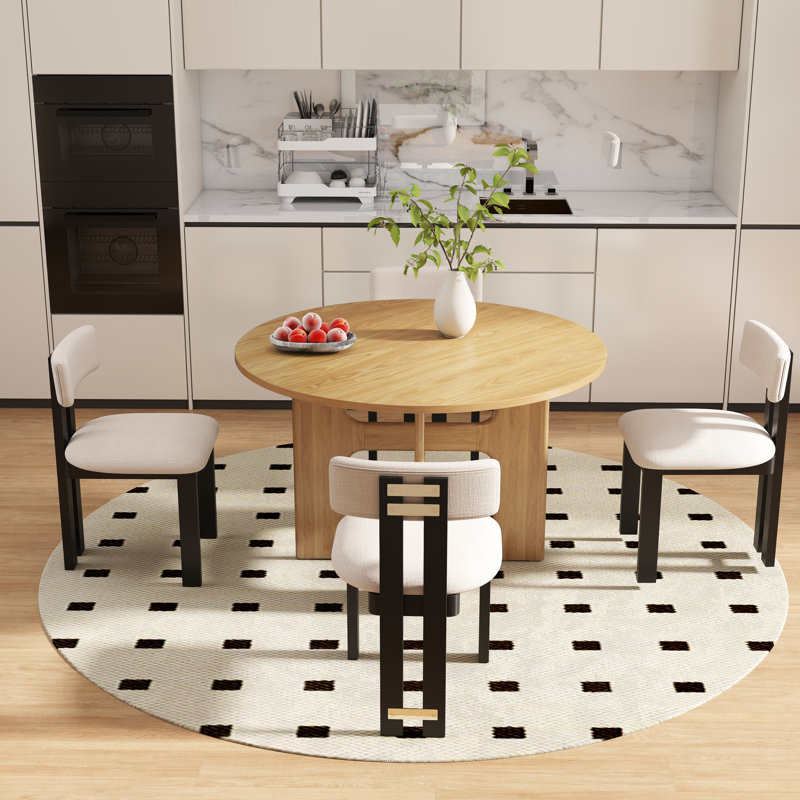 Modern Farmhouse Dining Set - Round Cross-Leg Table & Upholstered Chairs - 3/5-Piece Kitchen Set, Beige/Black, Natural