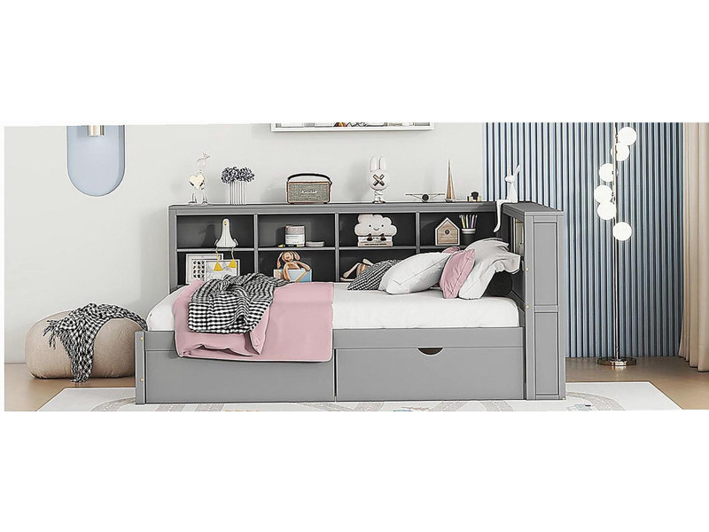 Canapé-lit en bois avec 2 tiroirs, tablette de rangement et port de chargement USB, Complet/Double, Gris