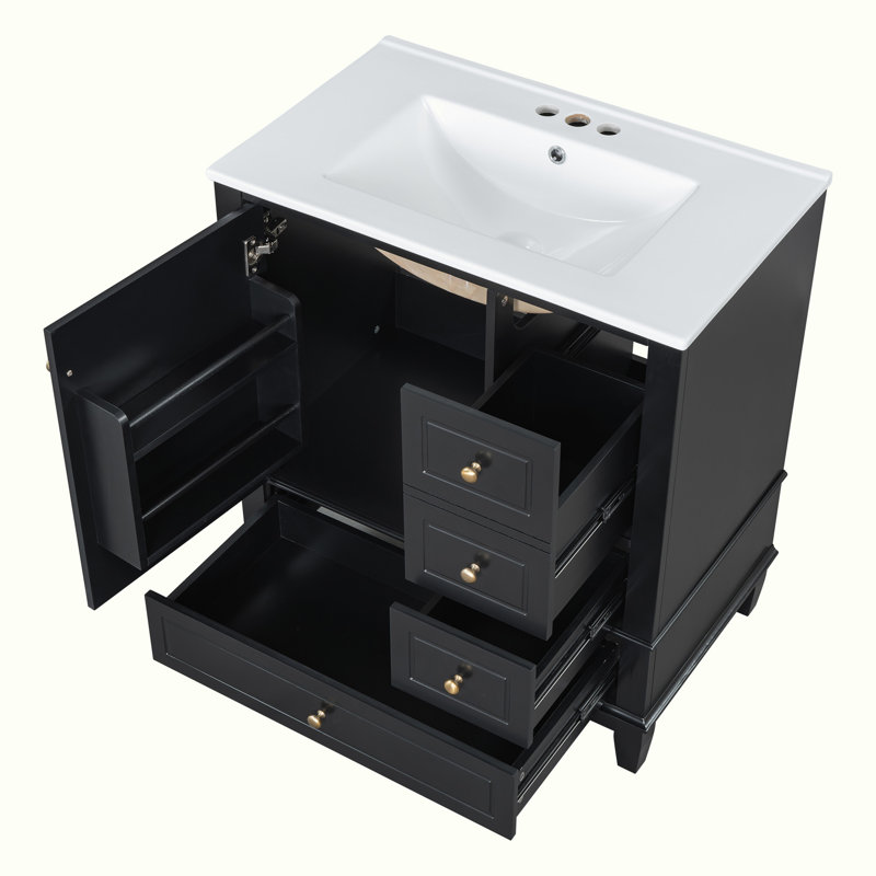Meuble-lavabo avec lavabo et armoire avec tiroirs, Noir, noir, noir, noir, Doré