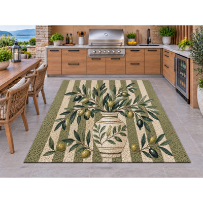 Tapis d'extérieur 5' x 7' avec motif de branche d'olivier et vase en céramique. Tapis épais, solide et imperméable en PVC à boucles, idéal pour terrasse, patio, intérieur et extérieur, séchage rapide, pour cuisine, porche, terrasse, balcon et entrée.