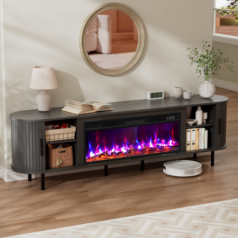 80" Modern Fireplace Tv Stand For Tvs Up To 90", Fluted Entertainment Center With Electric Fireplace, Media Console Cabinet For Living Room