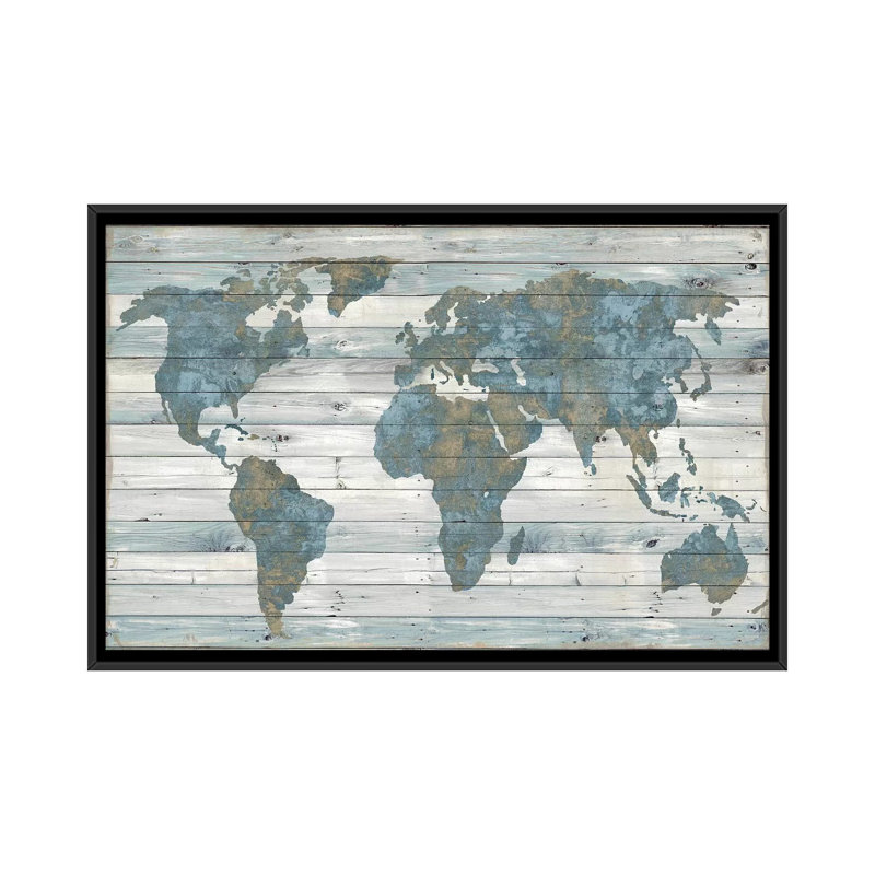World Map on Wood by Jamie Macdowell - Wrapped Canvas Print, 18" H x 26" W x 1.5" D, No Mat, Black Framed Canvas