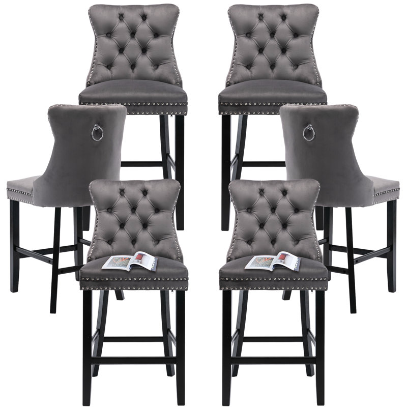 Tabouret de bar rembourré en velours avec dossier capitonné, Gris, Noir, 4