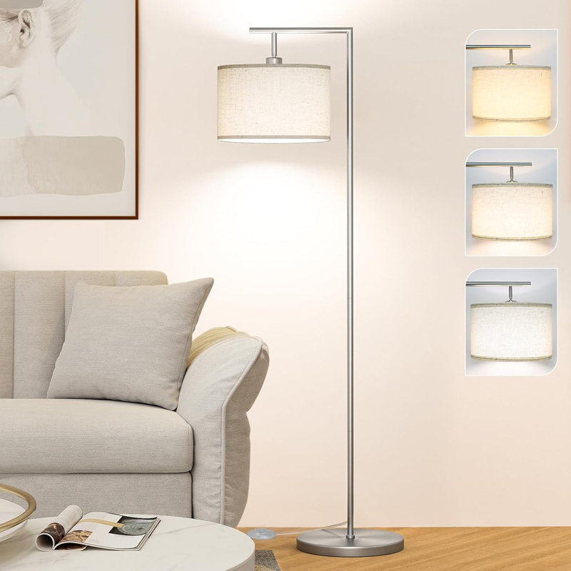Floor Lamp For Living Room With 3 Color Temperatures Standing Lamp With Adjustable Beige Linen Lampshade Tall Lamps For Bedroom Office Classroom Dorm Room, 9W LED Bulb Included