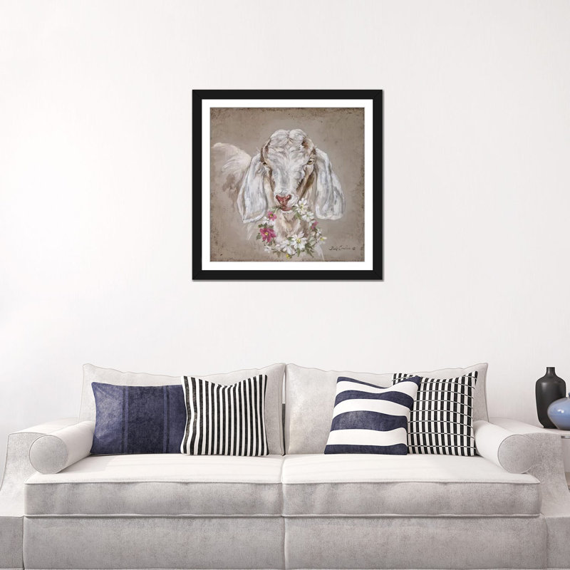 «Goat with Wreath», peinture sur toile, Papier d'art encadré noir, Blanc, H 16 po x l 16 po x P 1 po