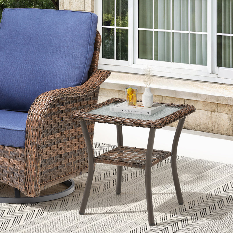 Durable All-Weather Rattan Outdoor Side Table with Tempered Glass Top and Storage, Perfect for Patio and Balcony Use
