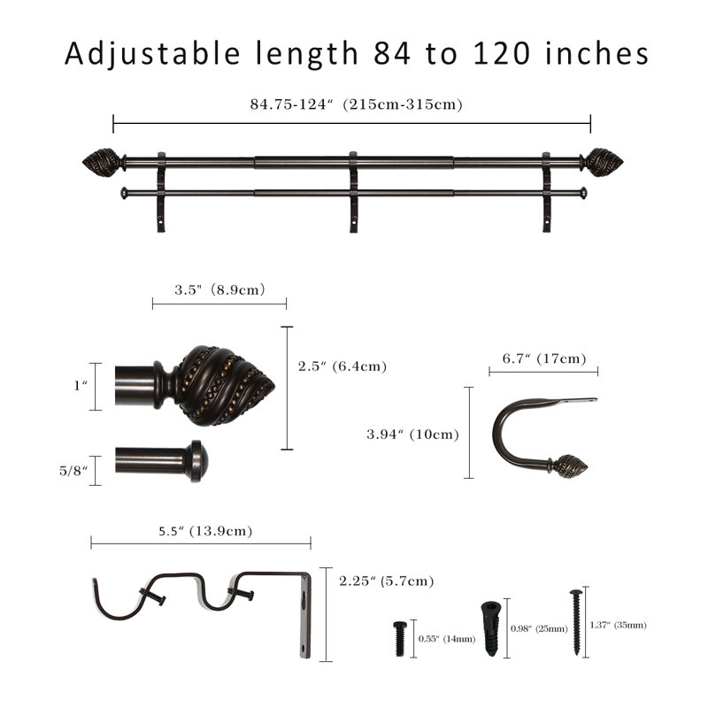 Tringle à rideaux double avec retenue Calynn de largeur totale x 1 pouce de diamètre, Bronze, 84" - 120"