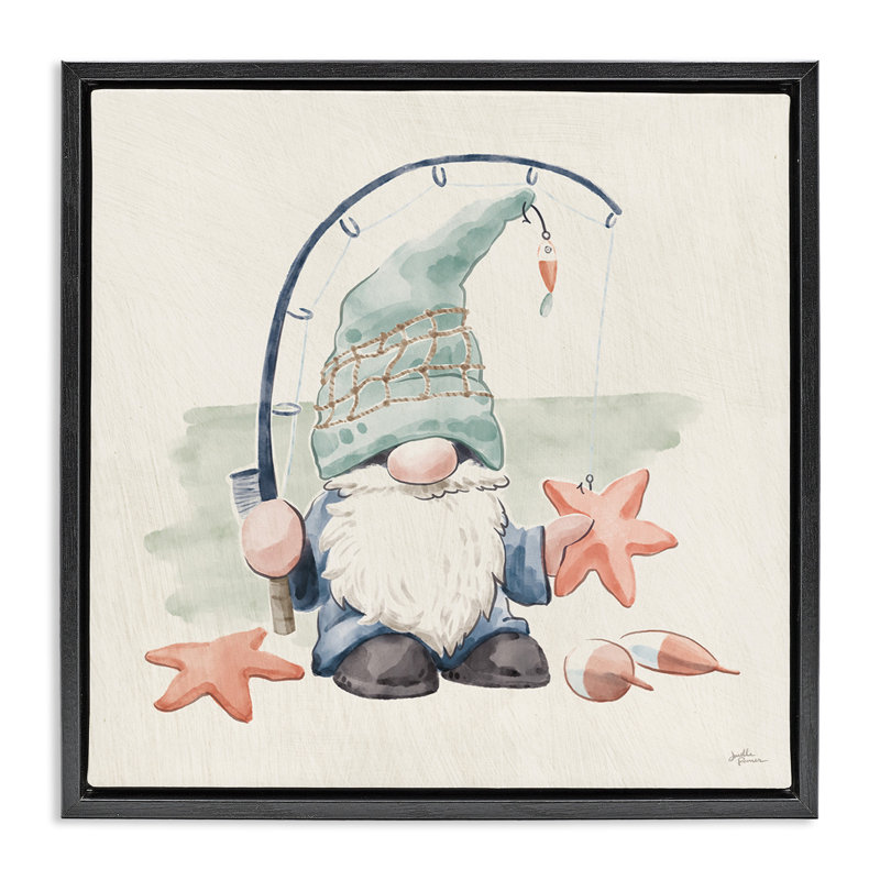 Gnome de pêche d'été, H 18 po x l 18 po, Cadre flottant noir de jais