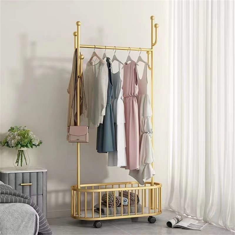 Modern Golden Metal Bracket - Elegant Storage Hanger with Rollers and Storage Baskets