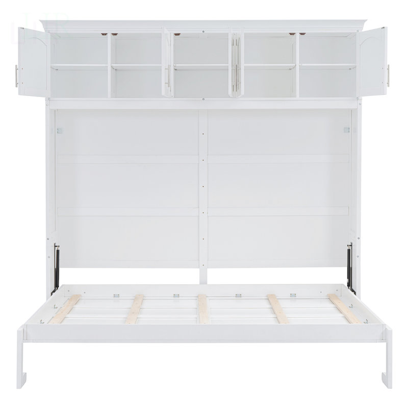 Lit escamotable double pleine grandeur avec armoires supérieures, peu encombrant et confortable pour la vie moderne, White