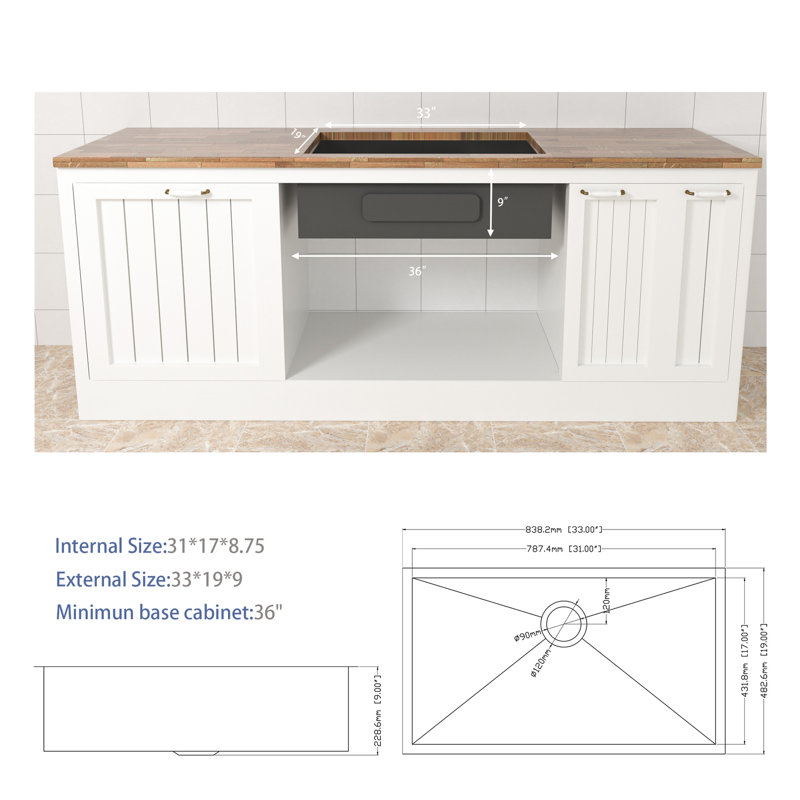 33 Inch Stainless Steel Kitchen Sink - Undermount With Hygiene And Efficient Drainage 33"X19"X9" Basin Condensation Coating Pad