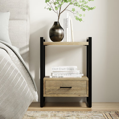 Riverside 22"W Solid Mango Wood Bedside Table with Large Drawer and Metal Frame