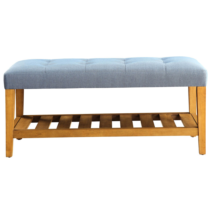Blue Fabric Bench With Oak Shelf And Comfortable Seating Modern Seat Padding