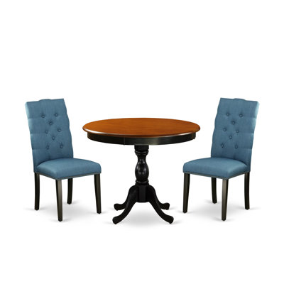 3-Pc Dining Table Set Includes a Wooden Dining Table and 2 Blue Linen Fabric Parson Chairs with Button Tufted Back - Black Finish