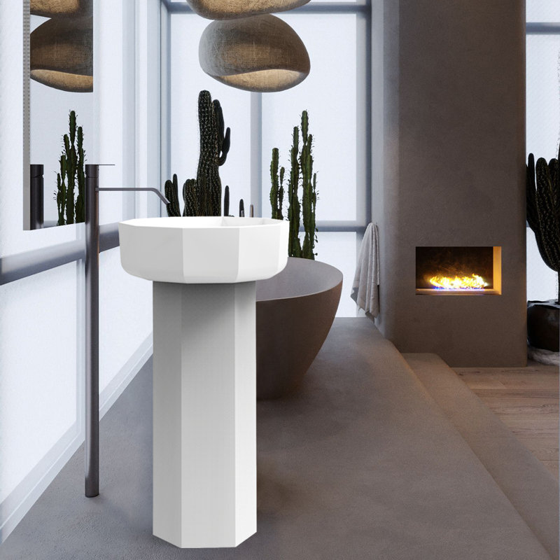 33.7'' Tall White Solid Surface Rectangular Pedestal Bathroom Sink