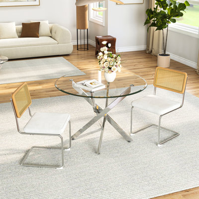 3-Piece Round Glass Dining Set, 36" Tempered Glass Top With Mirror Stainless Steel Base, 2 C-Frame Rattan Chairs